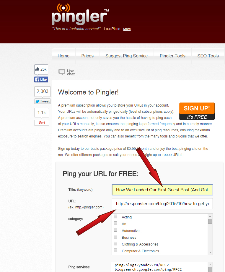 Submit your blog post with pingler