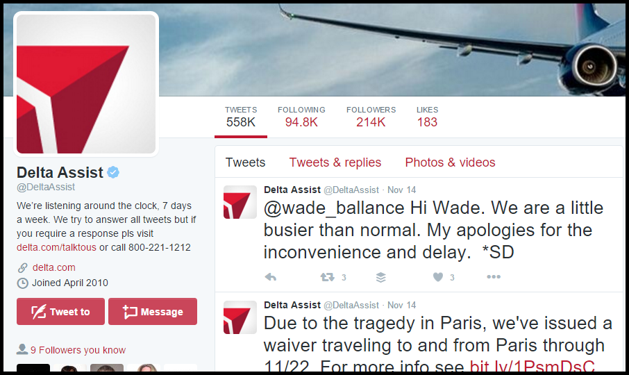 Delta Airlines does a great job of using twitter for around the clock customer service.